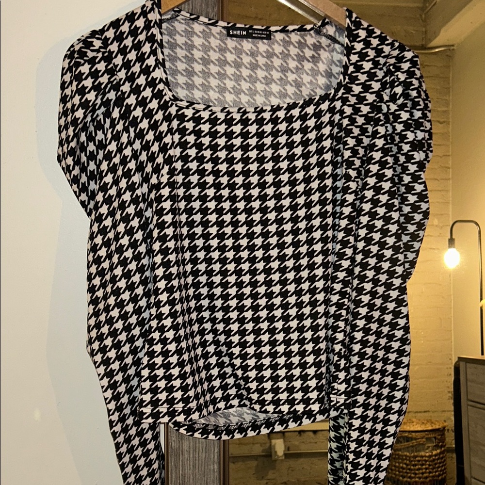 SHEIN Black and White Houndstooth Blouse